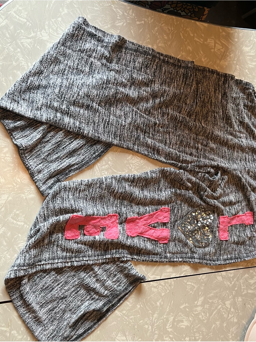 No Boundaries Gray Knit Track Pants with Pink Graphic and Studded Heart